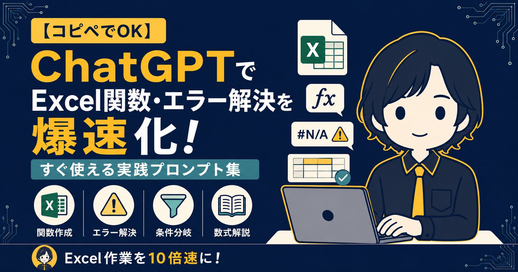 【コピペでOK】ChatGPTでExcel関数・エラー解決を爆速化！すぐ使える実践プロンプト集のアイキャッチ画像